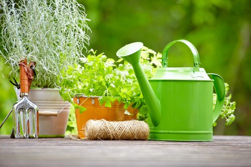 The image shows a neatly arranged outdoor garden scene with various gardening tools and potted plants placed on a wooden surface. There is a bright green watering can prominently positioned on the right side, alongside a coiled garden twine and a small hand trowel with a metallic blade and orange handle. Several potted plants, including a larger pot with green leafy foliage and smaller containers with herbs, are situated behind the tools, adding vibrant green and natural tones to the scene. The background features blurred lush greenery, suggesting a well-maintained garden or backyard space, possibly within or near Mill Hill, London. The scene is well-lit, indicating a sunny day, and the overall setting exemplifies typical gardening activities managed by professional landscapers like Landscapers Mill Hill. The clean presentation emphasizes outdoor maintenance elements relevant to gardening services, with a focus on plant care, planting supplies, and garden organisation suitable for a residential outdoor space in the local area.