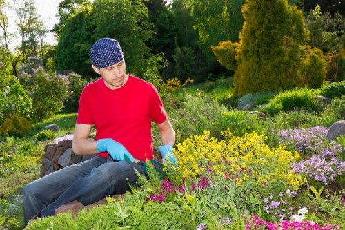 A man wearing a blue patterned hat, red t-shirt, and blue gardening gloves is crouched in a lush, well-maintained garden. He is tending to vibrant flower beds with a variety of colourful blooms, including yellow, pink, and purple flowers, arranged alongside neatly edged borders. The garden features a mix of dense greenery, including shrubs and small trees, with a background of taller trees and lush woodland, indicating a landscaped outdoor space in a suburban area near Mill Hill. The scene is bathed in natural daylight, suggesting a clear, bright day, highlighting the textures of the grass, flower foliage, and stone edging. This outdoor environment reflects professional garden renovation services provided by Landscapers Mill Hill, showcasing a thoughtfully designed garden layout with diverse plantings and durable paving elements. The garden appears healthy and vibrant, ready for outdoor enjoyment and maintenance, characteristic of high-quality gardening and landscaping work aimed at enhancing the natural beauty of residential outdoor spaces in the Mill Hill area.