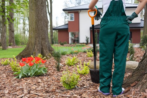 A gardener stands in a landscaped garden area in Mill Hill, London, holding a spade with an orange handle while wearing dark green gardening overalls and gloves. In the foreground, there are freshly mulched flower beds with bright red tulips, small leafy green shrubs, and other low-lying plants arranged along a tree trunk, which provides natural shade. The garden features a lush, well-maintained lawn with dense grass and mature trees with thick trunks and leafy branches, creating a peaceful outdoor environment. In the background, there is a modern, two-storey red-brick house with white window frames and a black roof, partially obscured by trees, indicating a private residential garden space. The scene appears to be set on a clear day with natural daylight illuminating the garden, showcasing typical features of professional garden maintenance and landscaping services in the Mill Hill area, operated by Landscapers Mill Hill.
